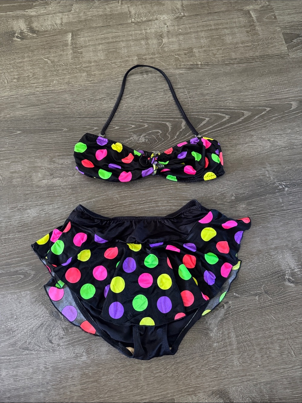 Vintage 80s Polka Dot Two-Piece Swim Set - Neon Multicolor on Black